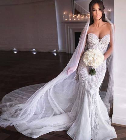 Strapless Sweetheart Beads Mermaid Wedding Dresses | Appliques Tulle Bridal Gowns