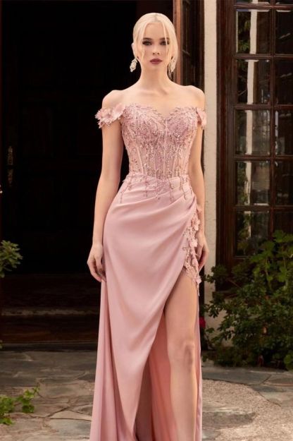 Off the shoulder Dusty Pink High Split Satin Prom Dresses