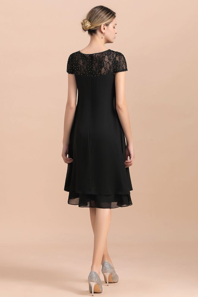 Black Short Sleeves Lace Wedding Party Dress Chiffon Knee Length Dress