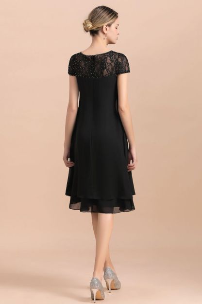 Black Short Sleeves Lace Wedding Party Dress Chiffon Knee Length Dress