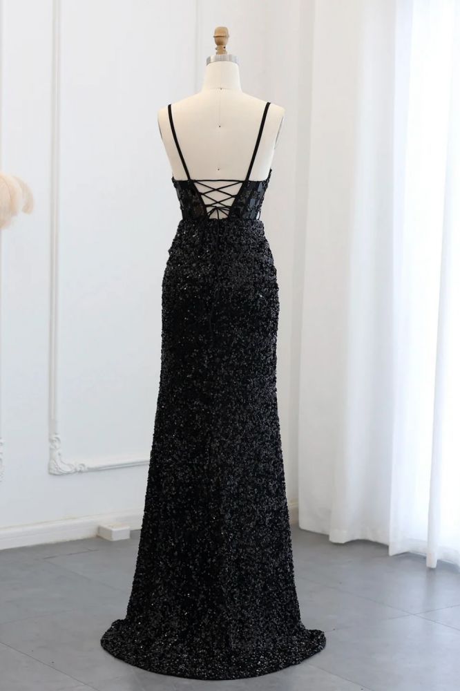 Sexy Spaghetti Straps Sequin Mermaid Prom Evening Dresses Black Long Party Gowns with Side Slit