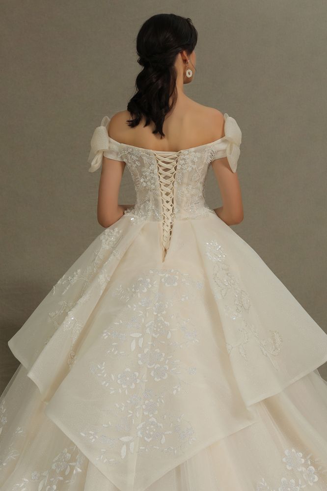 Elegant Off-the-Shoulder Tulle Lace Ball Gown Floor Length Graden Bridal Gown
