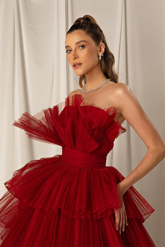 Strapless Burgundy Ruffles Ball Gown Evening Dresses