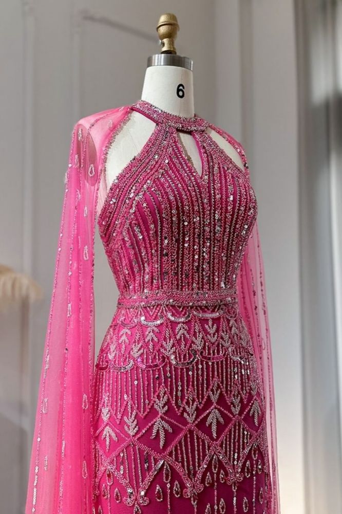 Gorgeous Halter Shiny Beading Sequins Mermaid Evening Dresses with Tulle Shawl Dubai Wedding Party Dress-Babyonlinewholesale