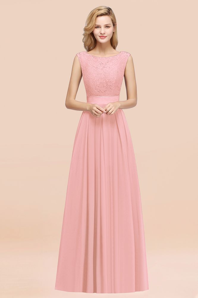 A-line Chiffon Lace Jewel Sleeveless Ruffles Floor-length Bridesmaid Dress