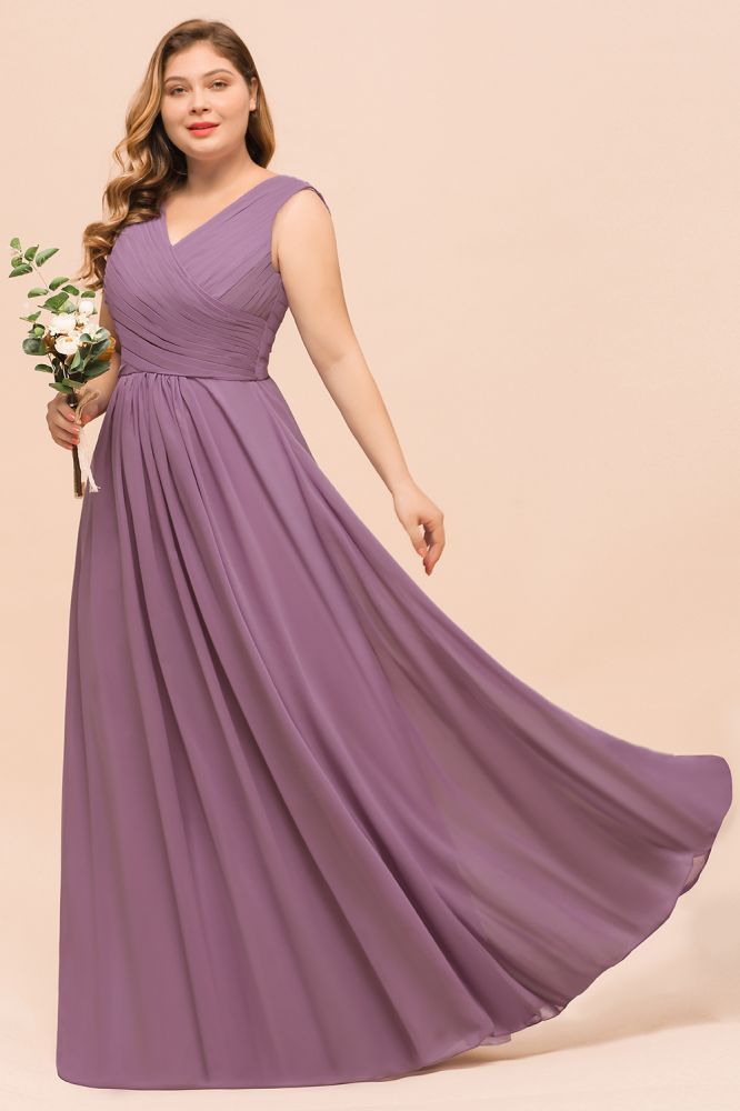 Plus Size Sleeveless Wrinkles Chiffon Chiffon Bridesmaid Dress V-Neck Long Evening Dress
