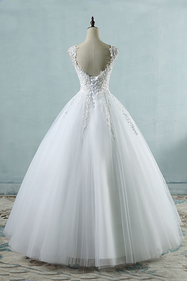 Cap sleeves White Puffy Ball Gown Wedding Dresses