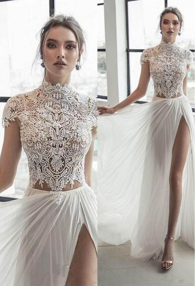 High neck Cap sleeves Ivory Chiffon Split Wedding Dress | Elegant Long Bridal Gown