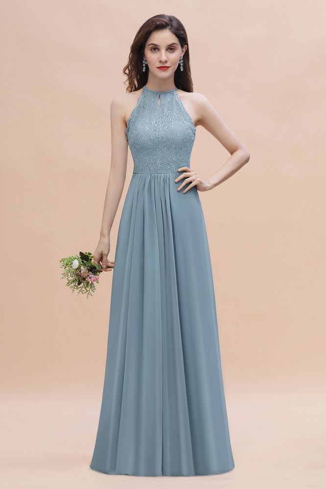 Halter Floral Lace Wedding Guest Dress Sleeveless Chiffon Long Formal Dress
