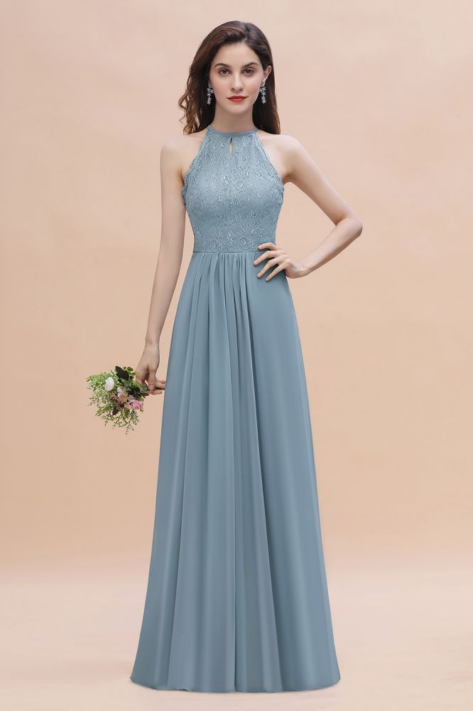 Halter Floral Lace Wedding Guest Dress Sleeveless Chiffon Long Formal Dress