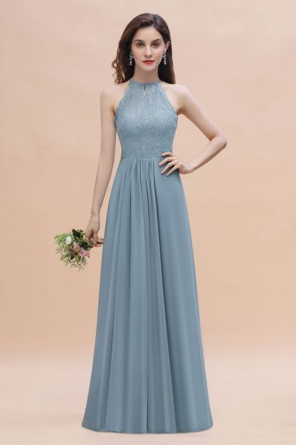 Halter Floral Lace Wedding Guest Dress Sleeveless Chiffon Long Formal Dress