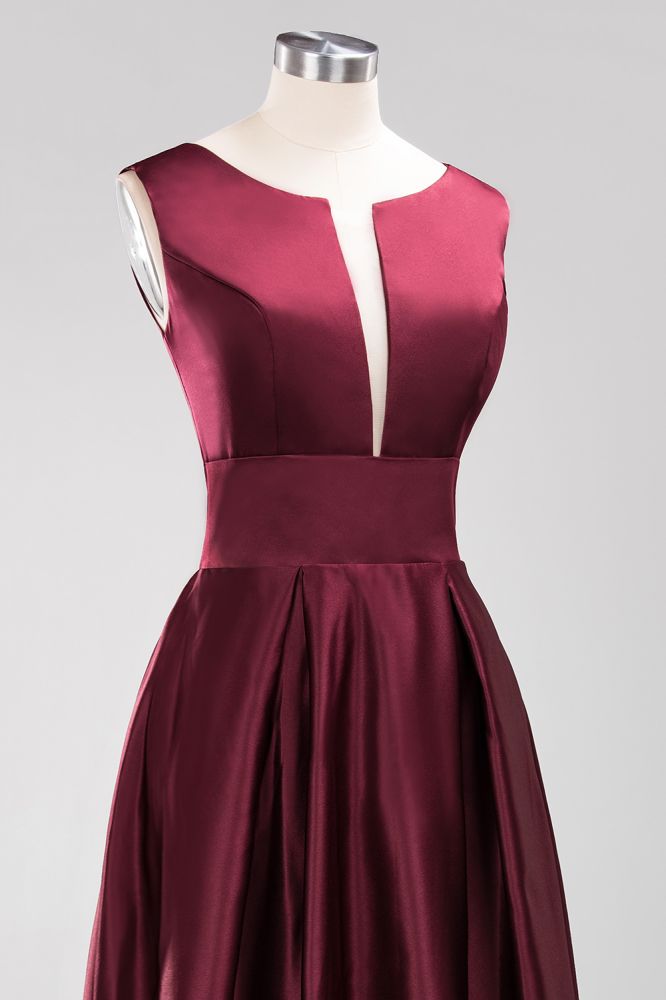 A-line Satin Deep-V-Neck Sleeveless Ruffles Floor-length Bridesmaid Dress
