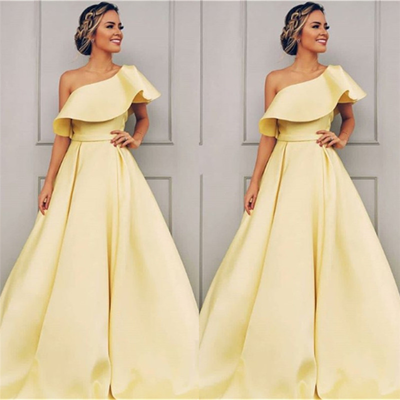 Elegant One Shoulder A-Line Sweep Train Prom Dresses BC0958