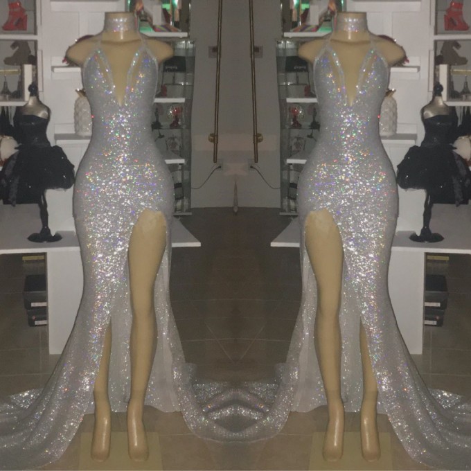 V-neck Sequins Mermaid Front Slit Floor Length Prom Dresses