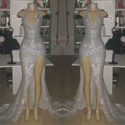 V-neck Sequins Mermaid Front Slit Floor Length Prom Dresses