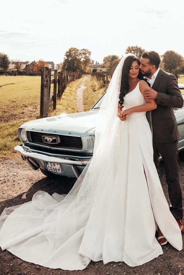 Simple style white stain long Summer wedding dress