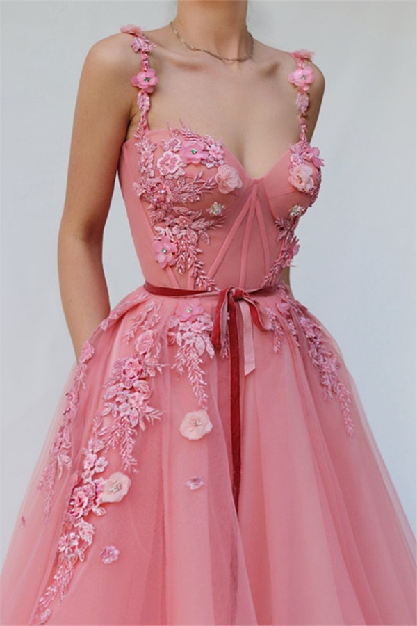 Pink Gorgeous A-line Spaghetti Tulle Flower Applique Prom Dresses