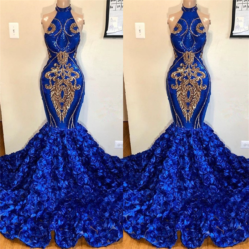 2021 Royal Blue Halter Mermaid Prom Dresses | Gorgeous Sleeveless Flowers Long Evening Gowns