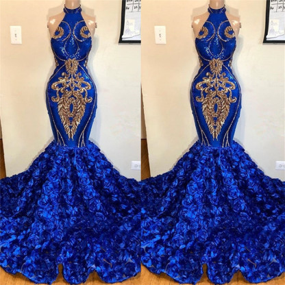 2021 Royal Blue Halter Mermaid Prom Dresses | Gorgeous Sleeveless Flowers Long Evening Gowns