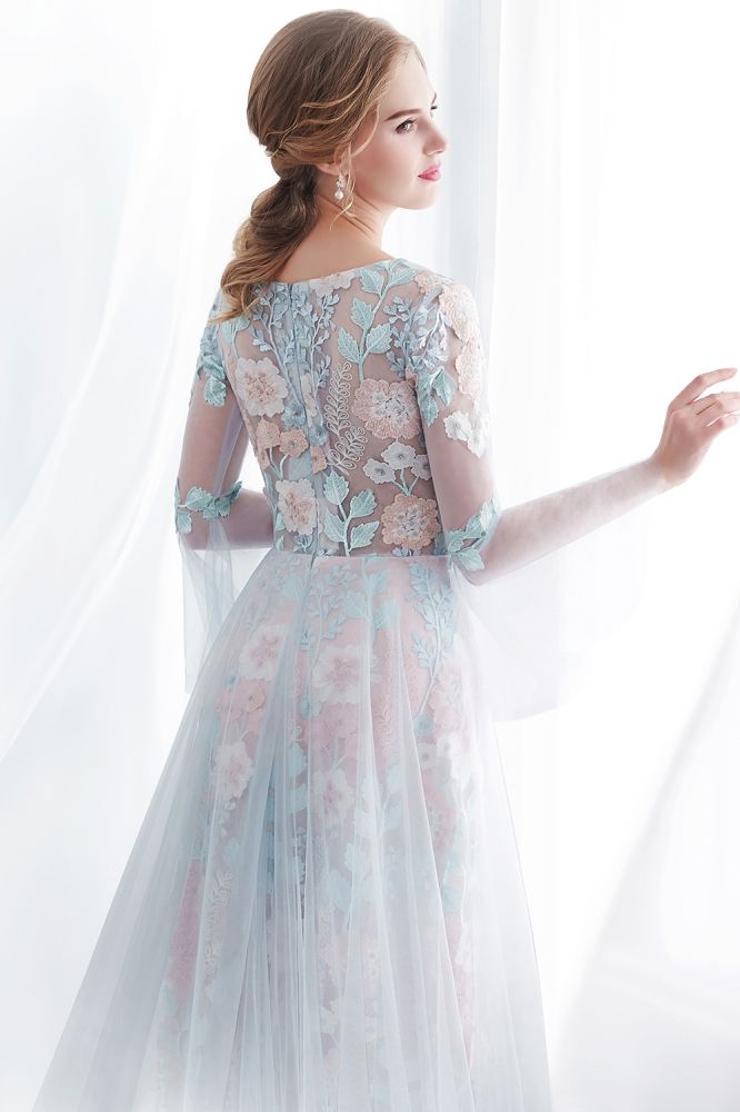 NAOMI | Sheath Long Sleeves Sheer Neckline Appliqued Flowers Evening Dresses