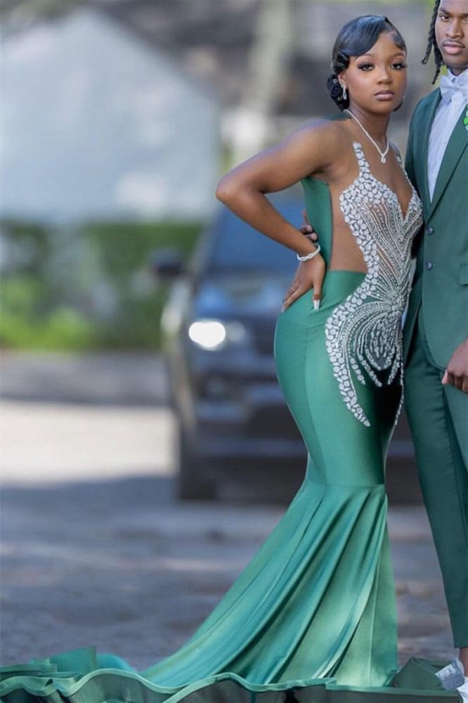 Silver Beaded Dark Green Satin Prom Dresses Court Train