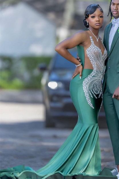 Silver Beaded Dark Green Satin Prom Dresses Court Train