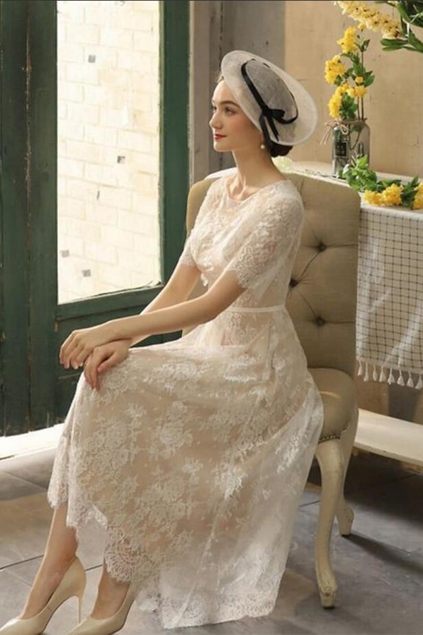 Exquisite Half Sleeves Lace Tea Length Jewel Sheath Wedding Dress