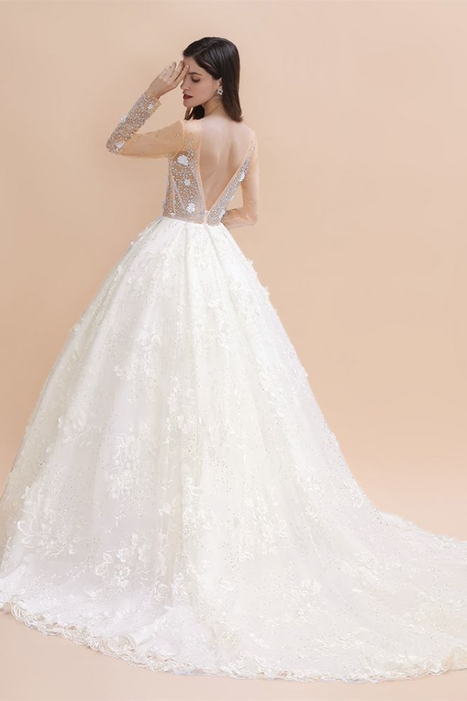 Charming Floral Lace Appliques Wedding Dress Gorgeous White Beads Bridal Gown