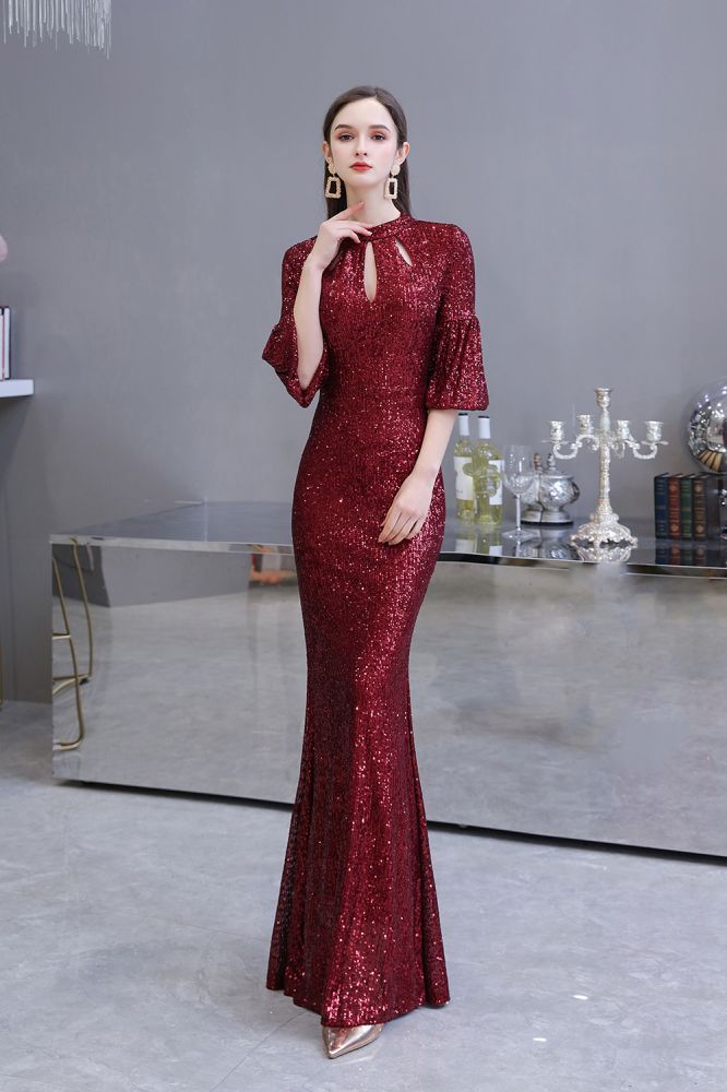 Glittering Half Sleeves Keyhole Mermaid Long Burgundy Prom Dress