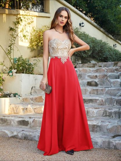 Sleeveless Lace Appliques Long Prom Dresses Chiffon Evening Party Gown