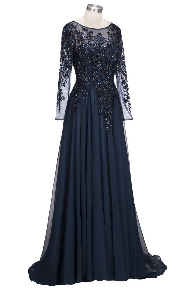 ROWENA | A-line Floor Length Long Sleeves Crystals Tulle Prom Dresses