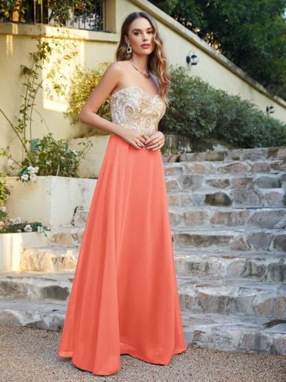 Sleeveless Lace Appliques Long Prom Dresses Chiffon Evening Party Gown