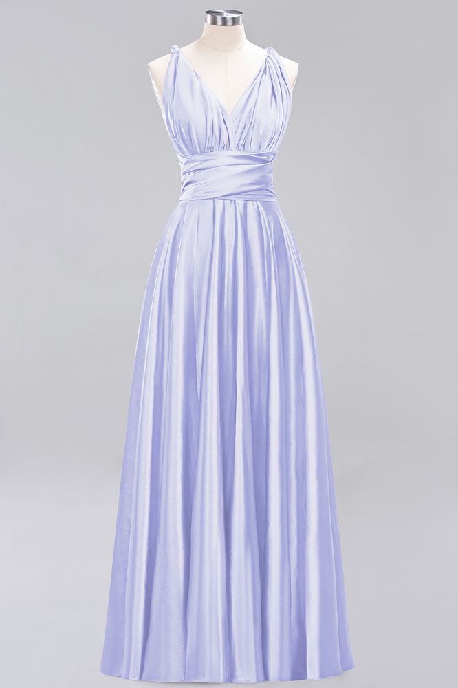 Simple A-Line V-Neck Sleeveless Floor Length Convertible Bridesmaid Dress with Ruffles