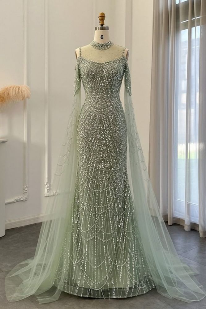 Luxury Shiny Beading Halter Dubai Mermaid Evening Gown Cape Sleeves Floor Length Party Dress