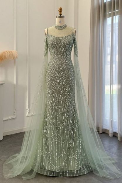 Luxury Shiny Beading Halter Dubai Mermaid Evening Gown Cape Sleeves Floor Length Party Dress