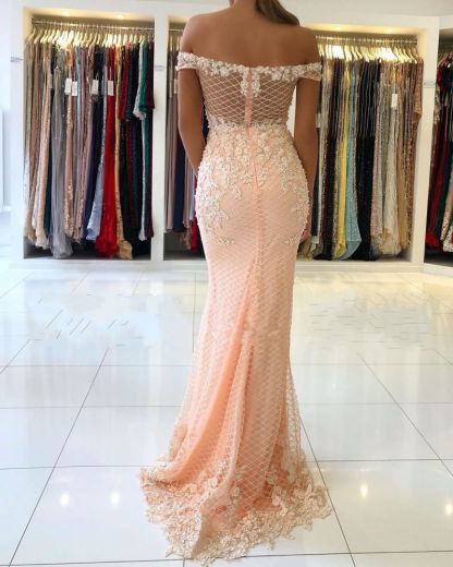 Off-the-shoulder Pink Lace Appliques Mermaid Evening Dress