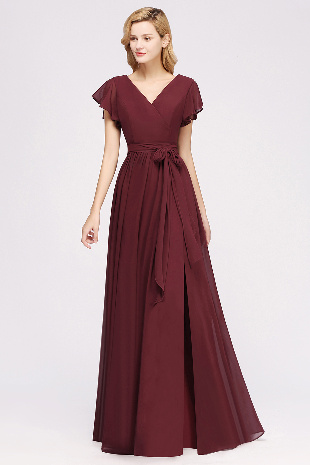 Elegant A-line Chiffon V-Neck Short-Sleeves Floor-Length Bridesmaid Dresses with Bow Sash