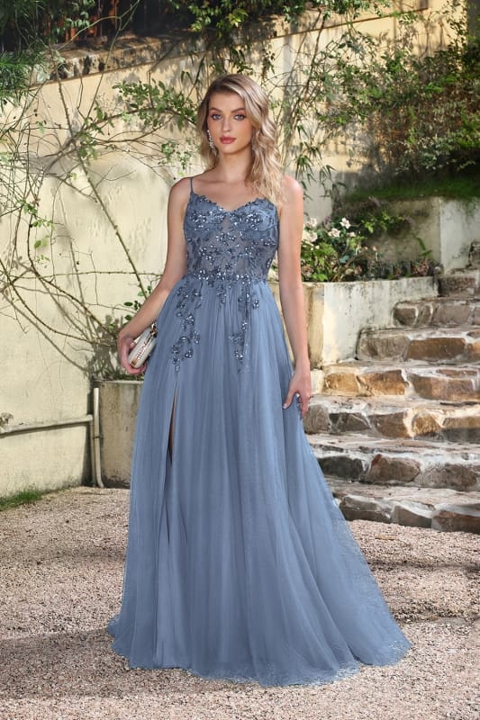 Elegant Dark Green A-Line Spaghetti Straps Prom Dresses with Split - Dusty Blue - Prom Dresses