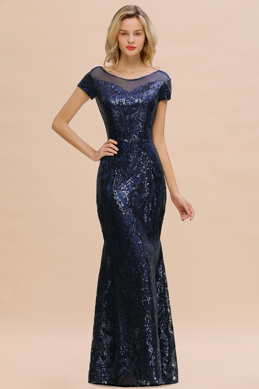 Elegant Dark Navy Short Sleeves Sequined Bateau Bridesmaid Dress