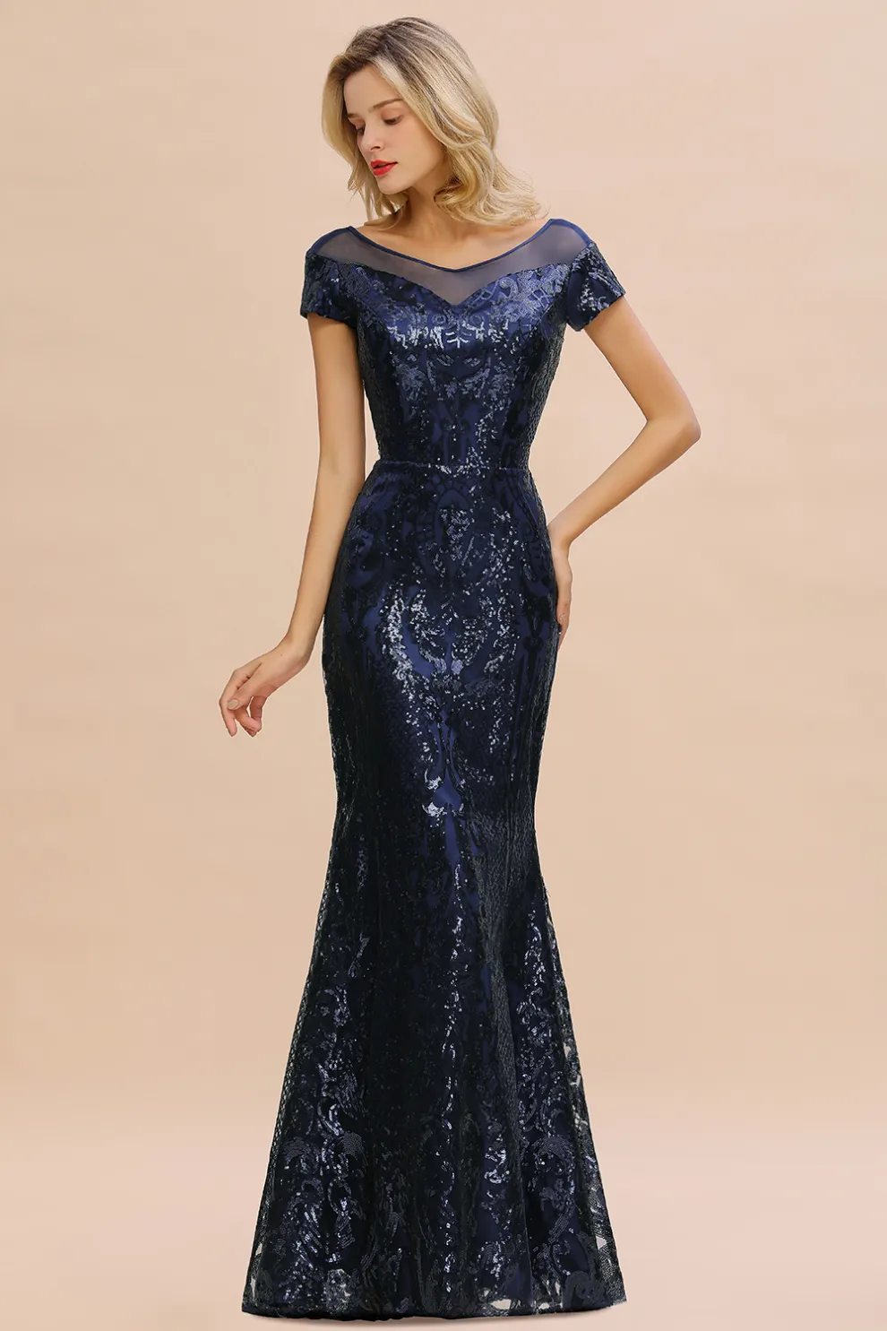 Elegant Dark Navy Short Sleeves Sequined Bateau Long Bridesmaid Dress