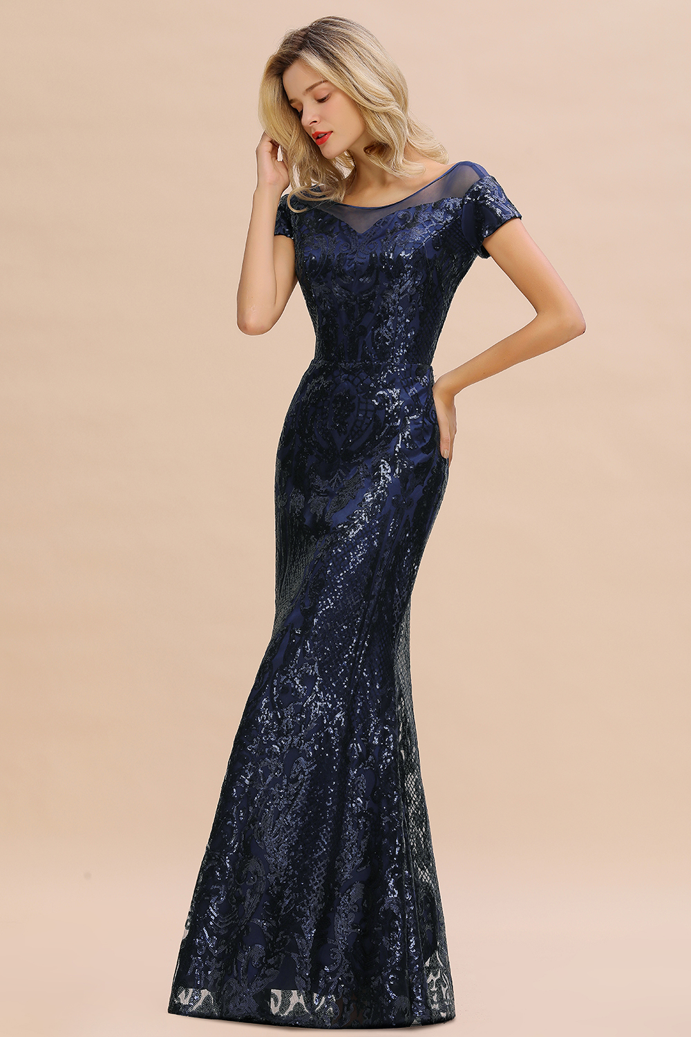 Elegant Dark Navy Short Sleeves Sequined Bateau Bridesmaid Dress