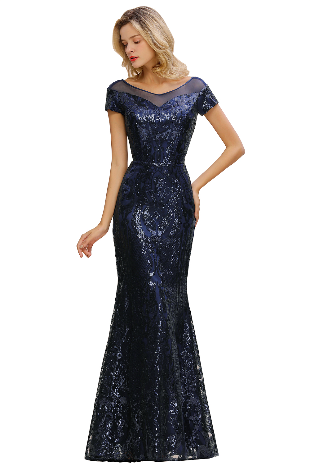 Elegant Dark Navy Short Sleeves Sequined Bateau Bridesmaid Dress