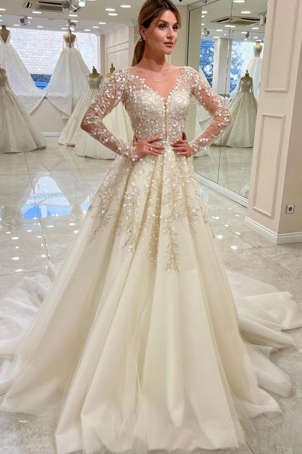 Elegant Long Sleeve Lace A-Line Wedding Dress V-Neck with Appliques