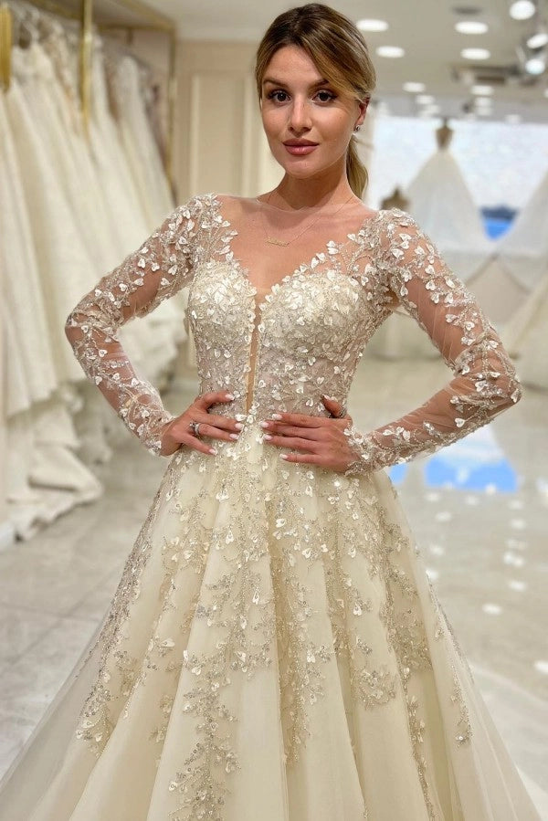 Elegant Long Sleeve Lace A-Line Wedding Dress V-Neck with Appliques