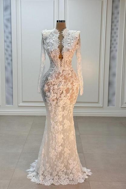 Elegant Long Sleeves Lace Appliques Mermaid Wedding Dress