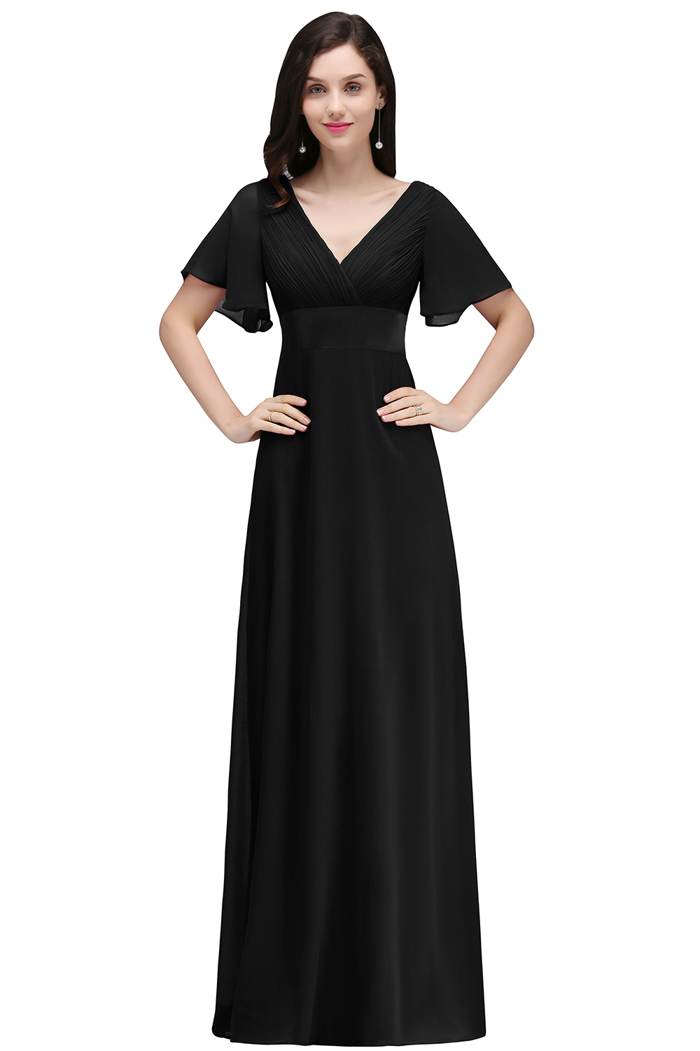 Elegant Ruffle Chiffon Aline Evening Dresses V-Neck Long Bridesmaid Dress with Puff Sleeves