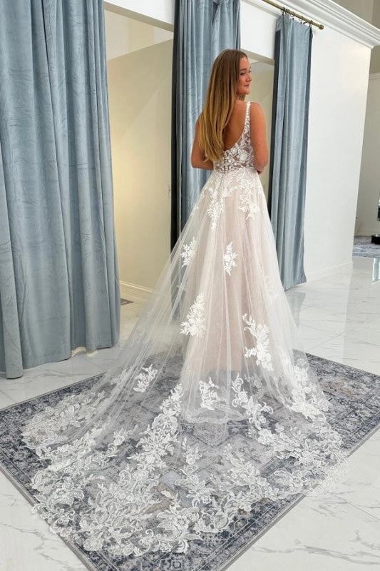 Elegant V Neck Lace Aline Wedding Dress with Appliques wedding dresses