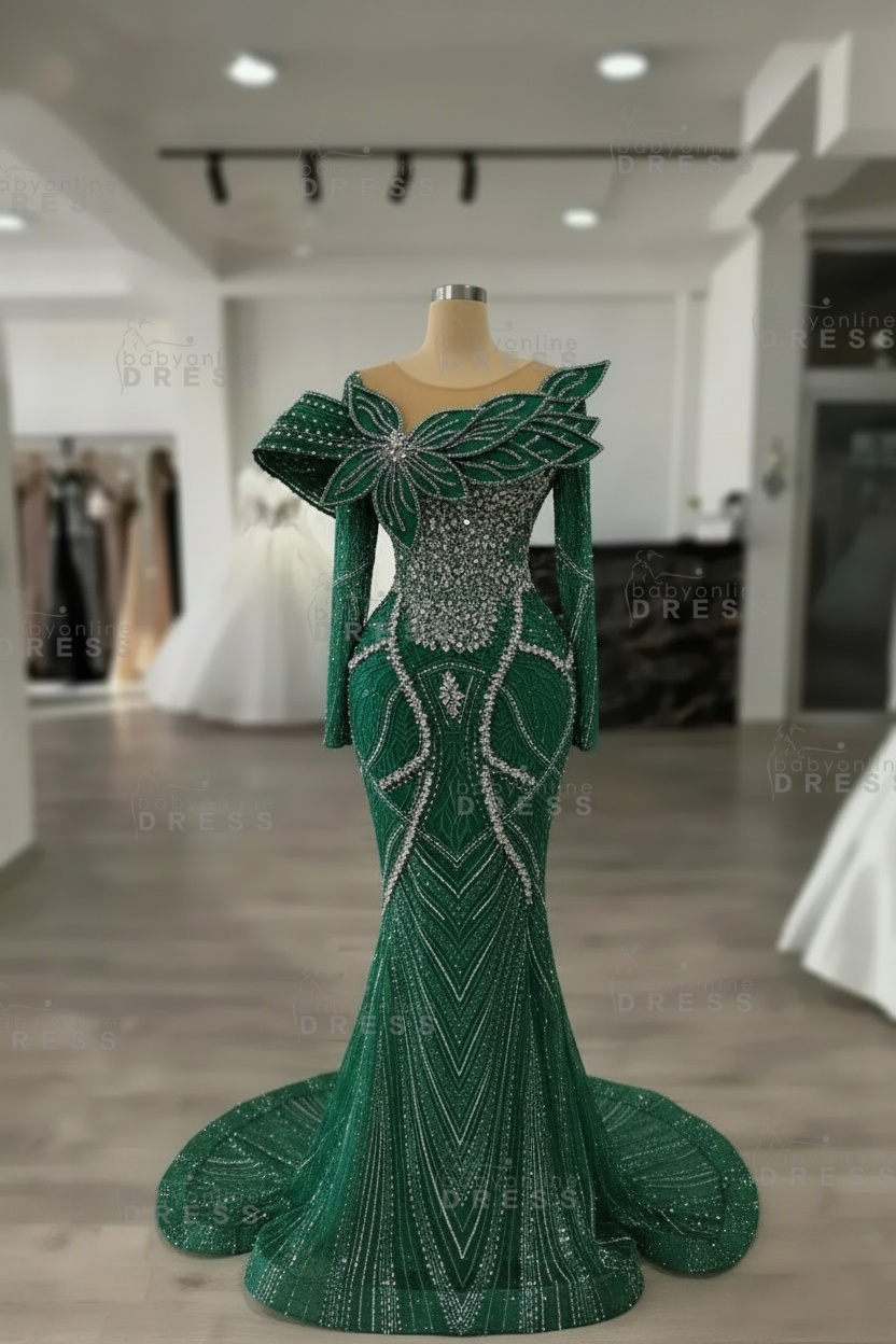 Luxury Crystals Long Sleeves Floor-Length Mermaid Prom Dress with Flowers 
