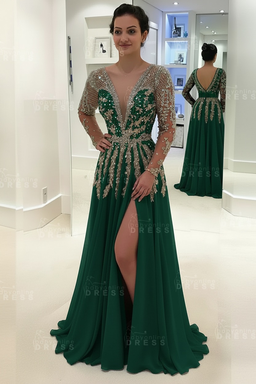 Glamorous V-Neck Long Sleeves Prom Dresses | A-line Crystal Side Slit Evening Gowns