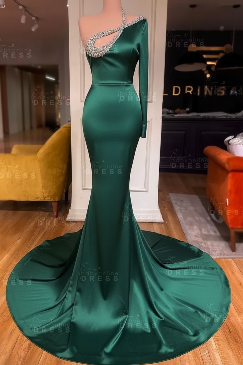 Long sleeves Beaded neckline Black Mermaid Prom Dresses